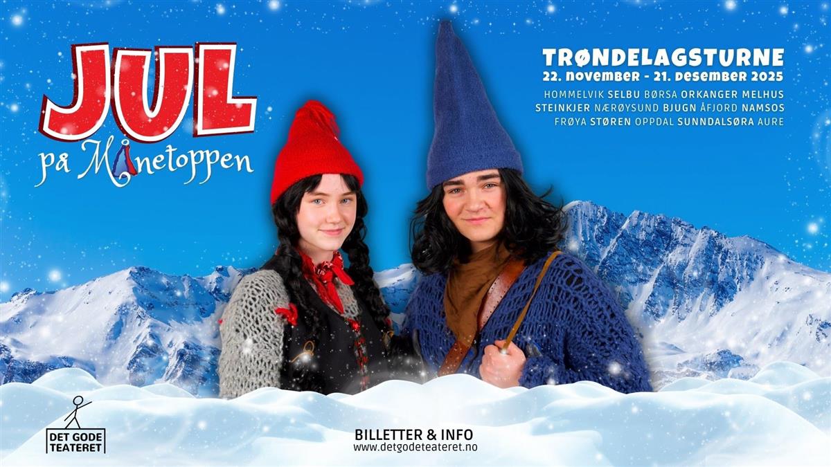 Plakat for jul på Månetoppen som viser en rødnisse og en blånisse og har informasjon som finnes i artikkelen. - Klikk for stort bilde