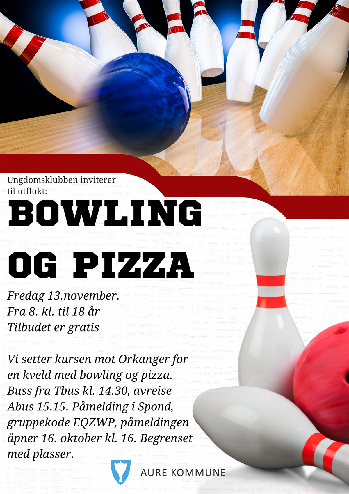 Ungdomsklubben inviterer til utflukt: Bowling og pizza. Fredag 13. november fra 8. klasse til 18 år. Tilbudet er gratis. Vi setter kursen mot Orkanger for en kveld med bowling og pizza. Buss fra Tbus klokken 14:30, avreise Abus 15:15. Påmelding i Spond som åpner 16. oktober klokken 16:00. Begrenset med plasser. - Klikk for stort bilde