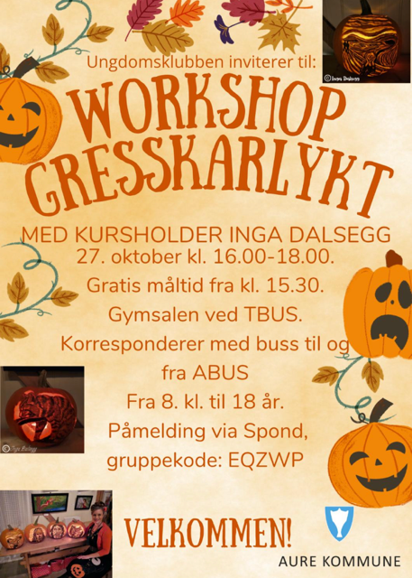 Ungdomsklubben inviterer til workshop gresskarlykt med kursholder Inga Dalsegg 27. oktober klokken 16:00-18:00. Gymsalen på TBUS. Korresponderer med buss fra ABUS. Fra 8. klasse til 18 år. Påmelding via Spond, gruppekode EQZWP. Velkommen - Klikk for stort bilde