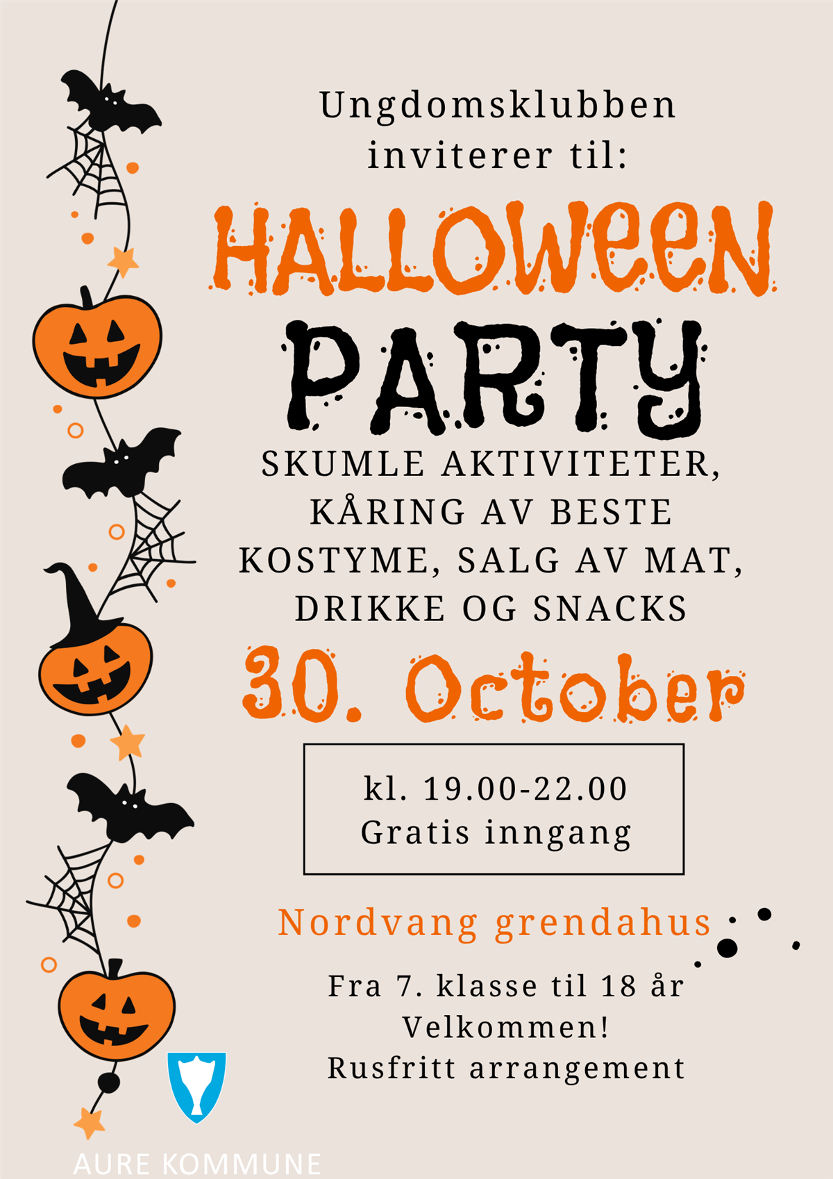 Ungdomsklubben inviterer til Halloweenparty 30. oktober kl 19-22 i Nordvang grendahus. Gratis inngang. Fra 7. klasse til 18 år. Velkommen. Rusfritt arrangement. - Klikk for stort bilde
